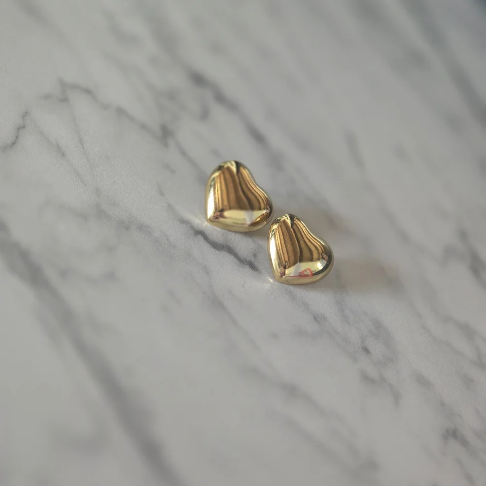 โจ Stainless Steel Gold Puffy Heart Stud Earrings โจ - Picture 4 of 8